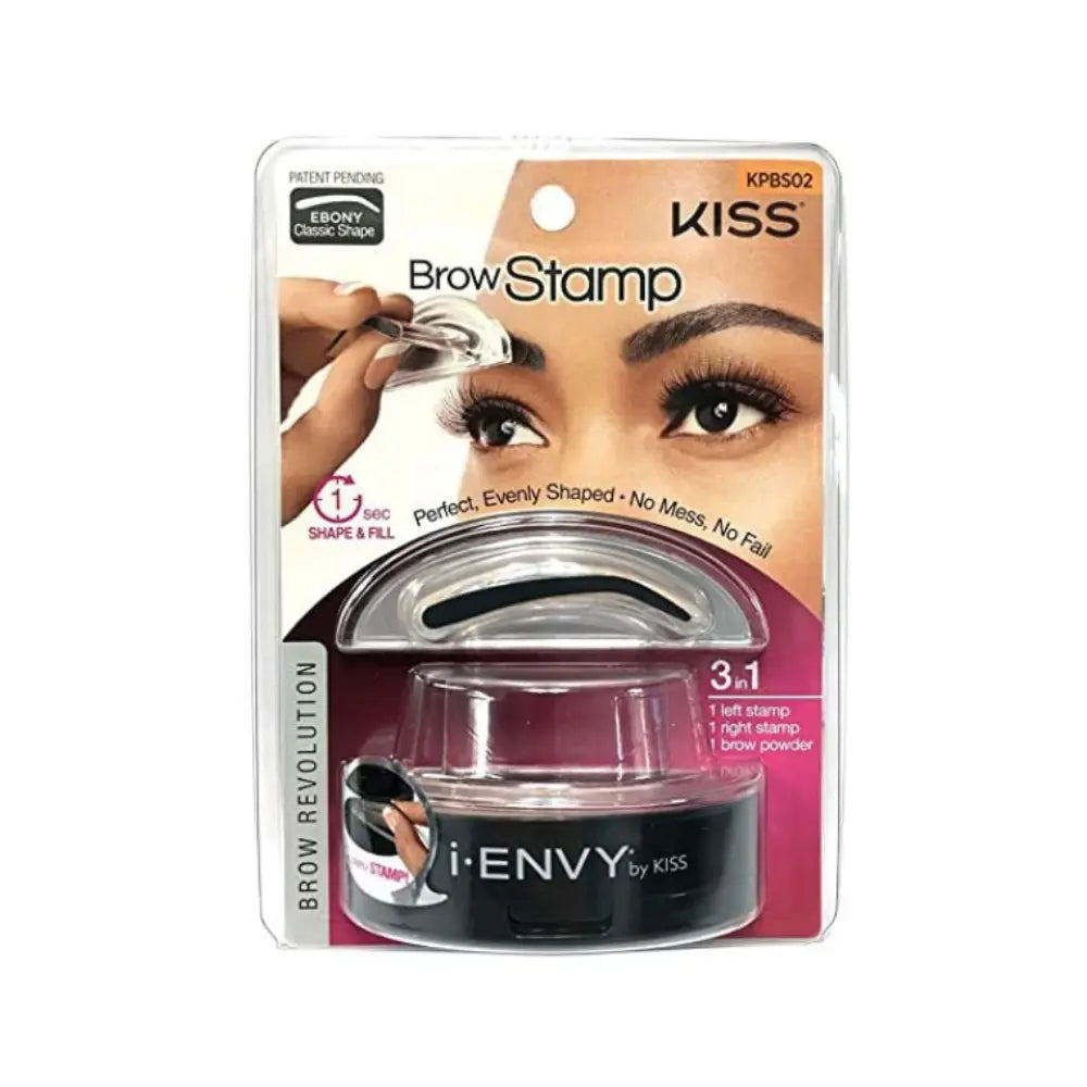 KISS I-ENVY Brow Stamp packaging with a model using the product on a white background