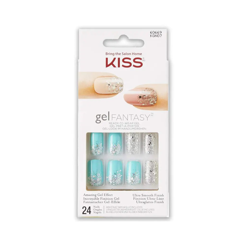 KISS gel fantasy nail packaging with teal and silver nails on a white background