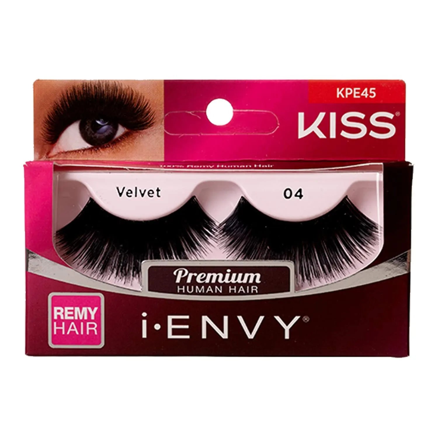 Kiss i-Envy false eyelashes packaging with a close-up of an eye wearing the lashes.Kiss Lashes i.Envy Velvet 04