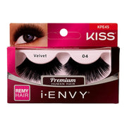 Kiss i-Envy false eyelashes packaging with a close-up of an eye wearing the lashes.Kiss Lashes i.Envy Velvet 04