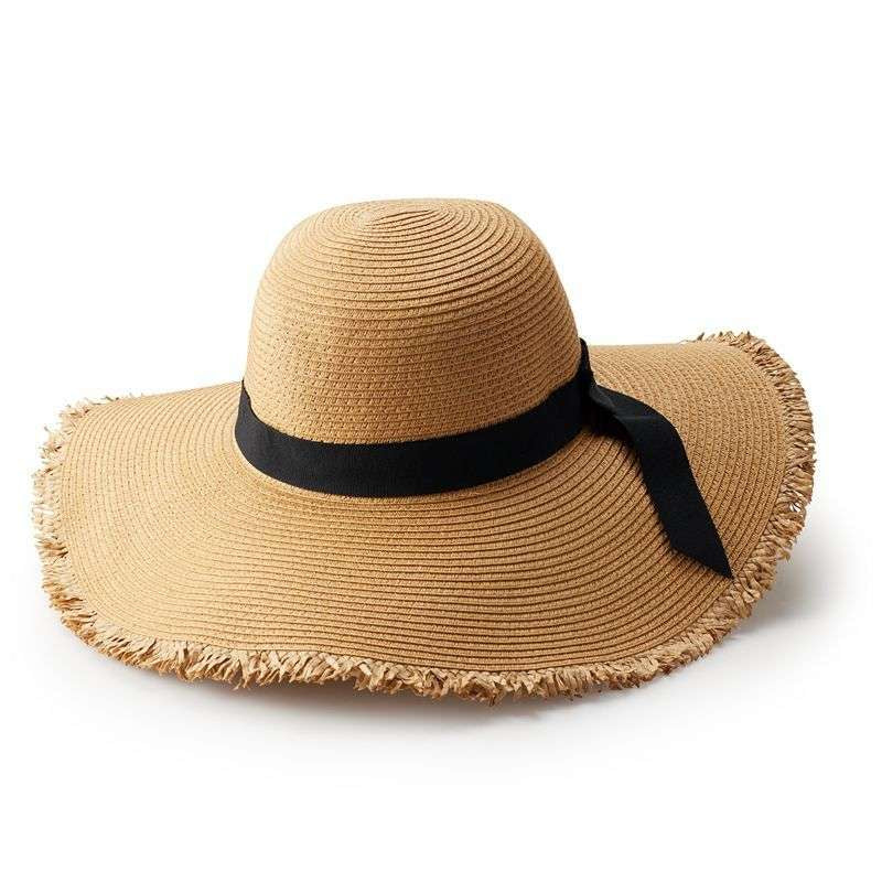 Raw Edge Wide-Brim Floppy Straw Sun Hat