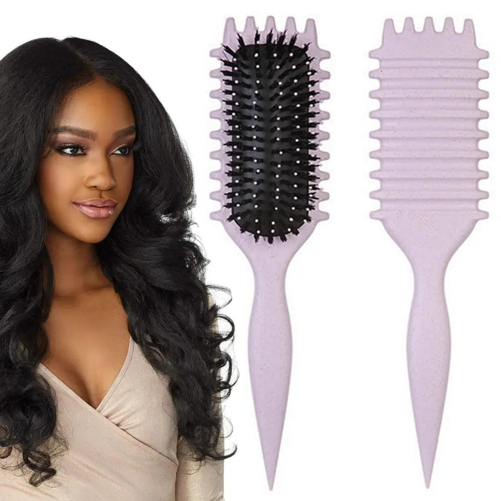 Woman with styled hair next to two purple hairbrushes on a white background